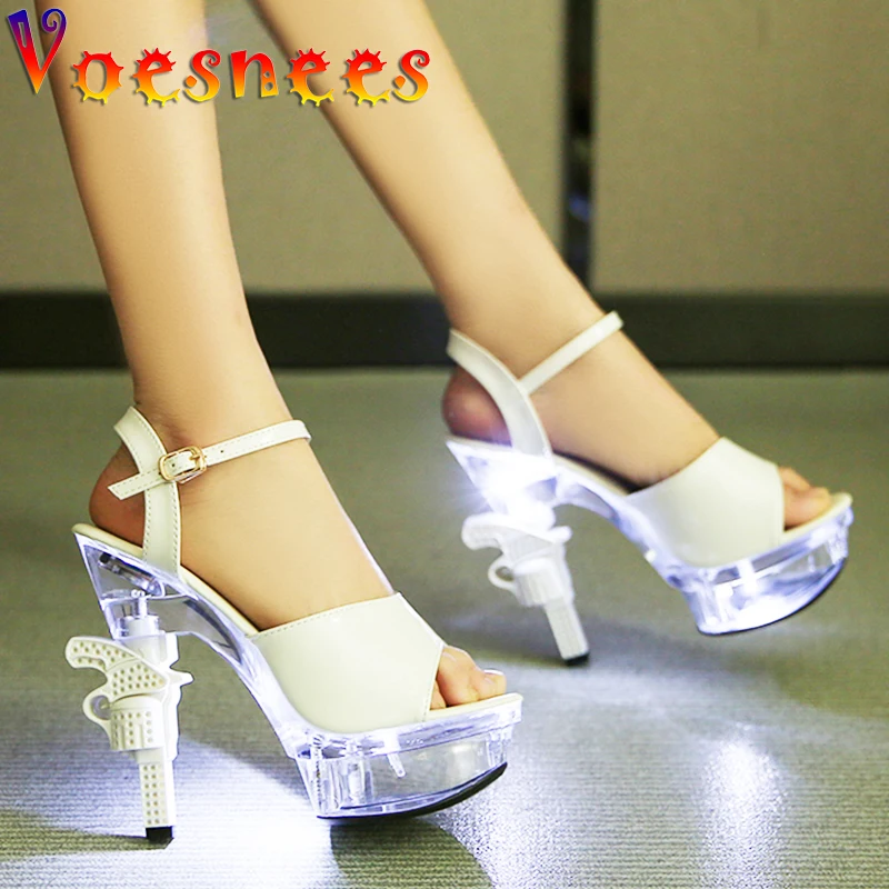 Voesnees Glowing Womens Sandals Rhinestone Pistol Heel New Summer Female Shoes Sexy Patent Leather High Heels 14cm Wedding Shoes