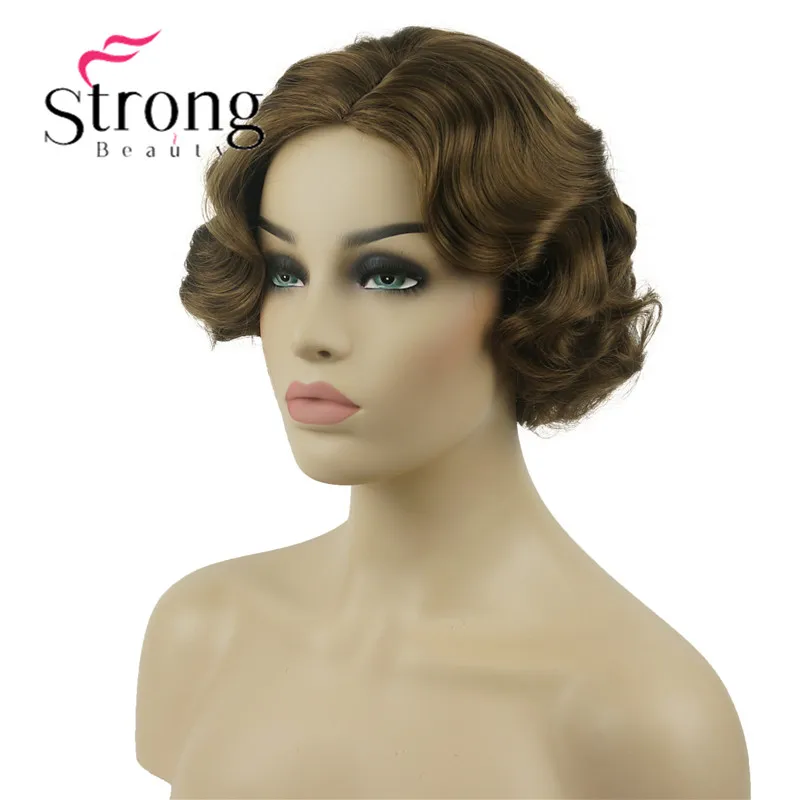 StrongBeauty Ngắn Ngón Tay Sóng Vàng Nâu Full Tổng Hợp Tóc Giả Hóa Trang Retro Tóc Giả