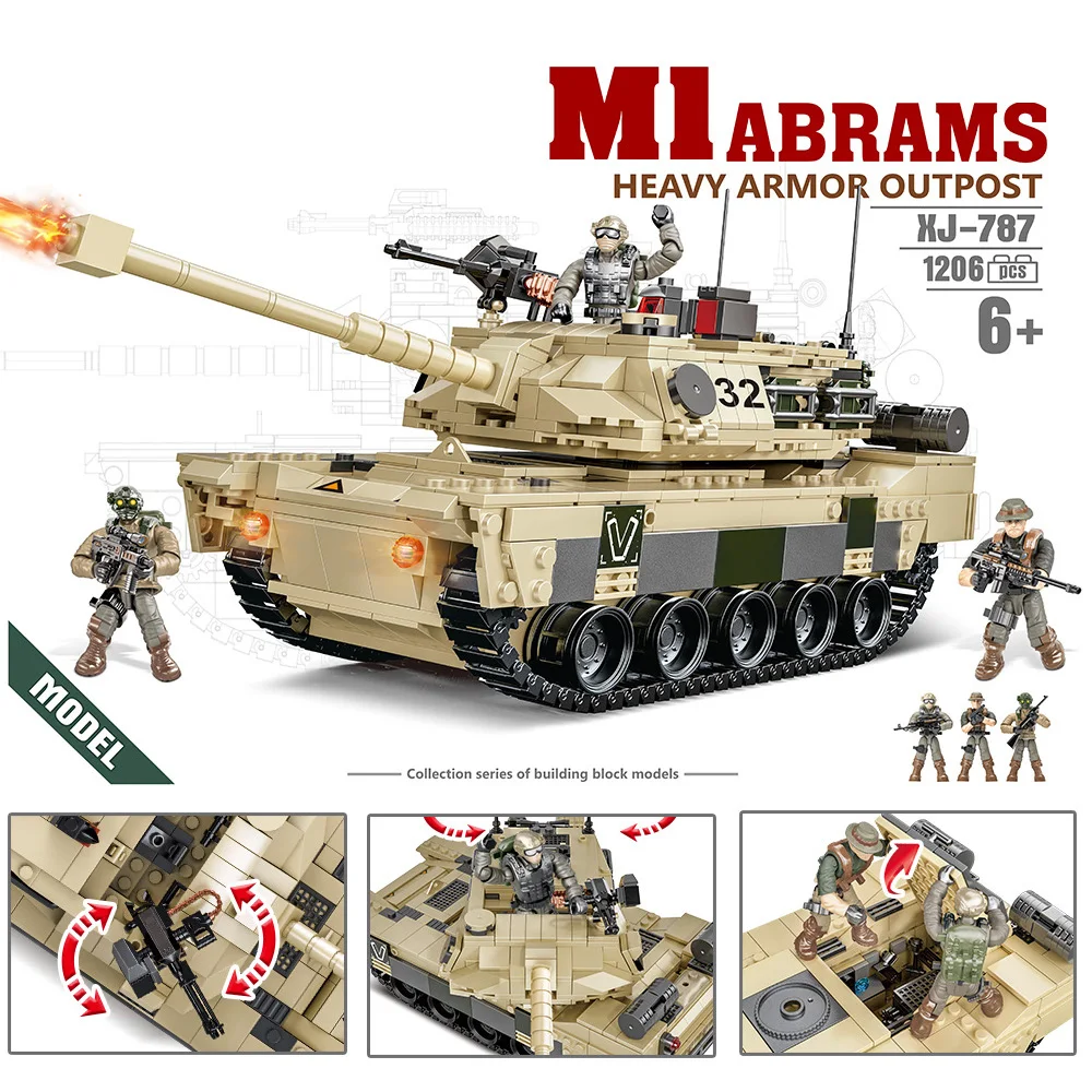 

World War Military United States M1 Abrams Heavy Armor Outpost Tank Mega Block Model Ww2 Army Figures Building Brick Toys