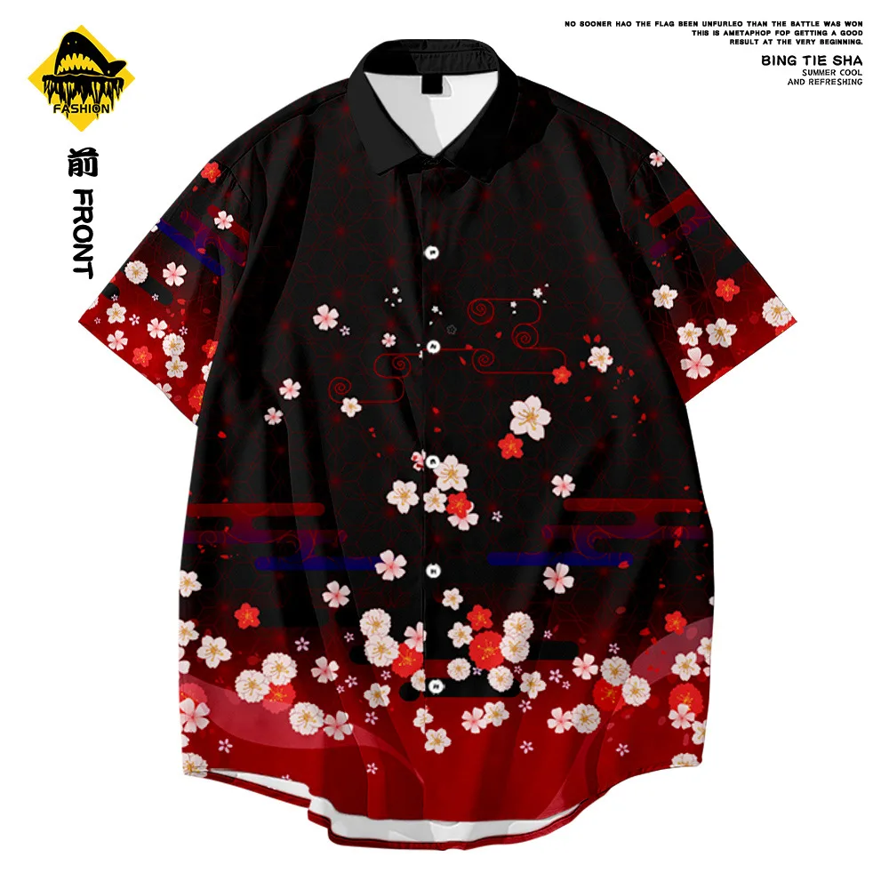 Size S-6XL Summer Male Fashion Casual Flower Fox Mask Printing Short Sleeve  Japan Streetwear Clothes Men's Hawaiian Shirt