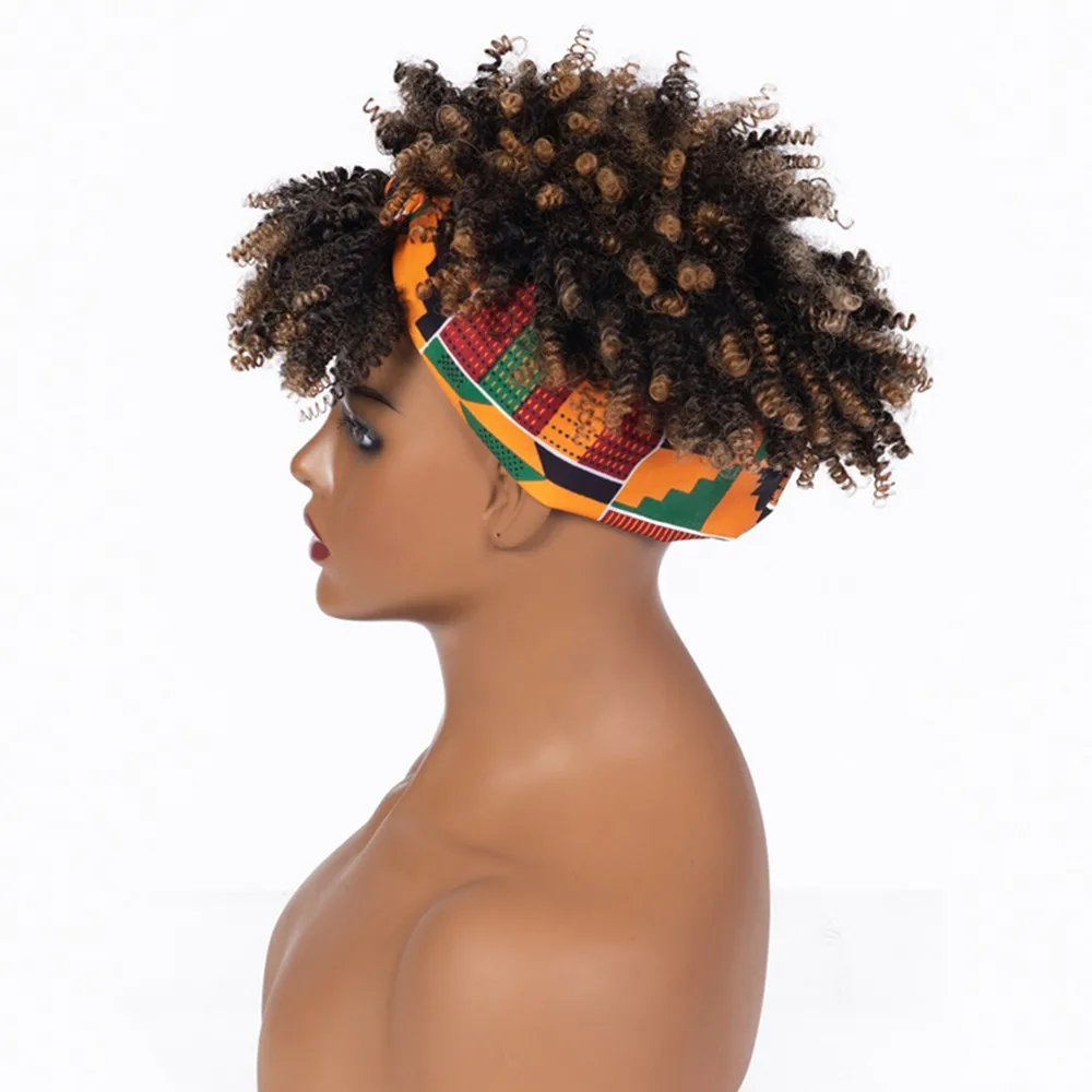 Korte Synthetische Afrikaanse Haarband Pruik Hoofdband Geleidelijke Donkerbruine Kleine Krullende Pruiken Headcover Afro Kinky Haren