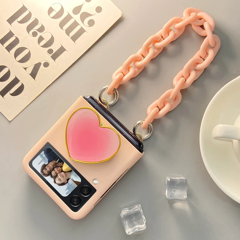 

Fashion Portable Hand Chain Cute Love Heart Stand Holder Skin Phone Case Cover For Samsung Galaxy Z Flip 4G 4 3 Flip3 Flip4 5G