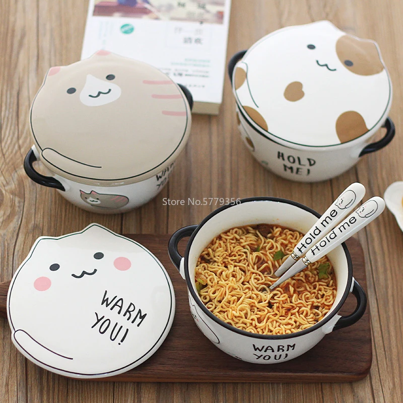 Cute Cat Pattern Ceramic Instant Noodle Bowl Fruit Salad Bowl with Lid Soup Bowl Anti-scalding Ramen Bowl Kitchen Tableware