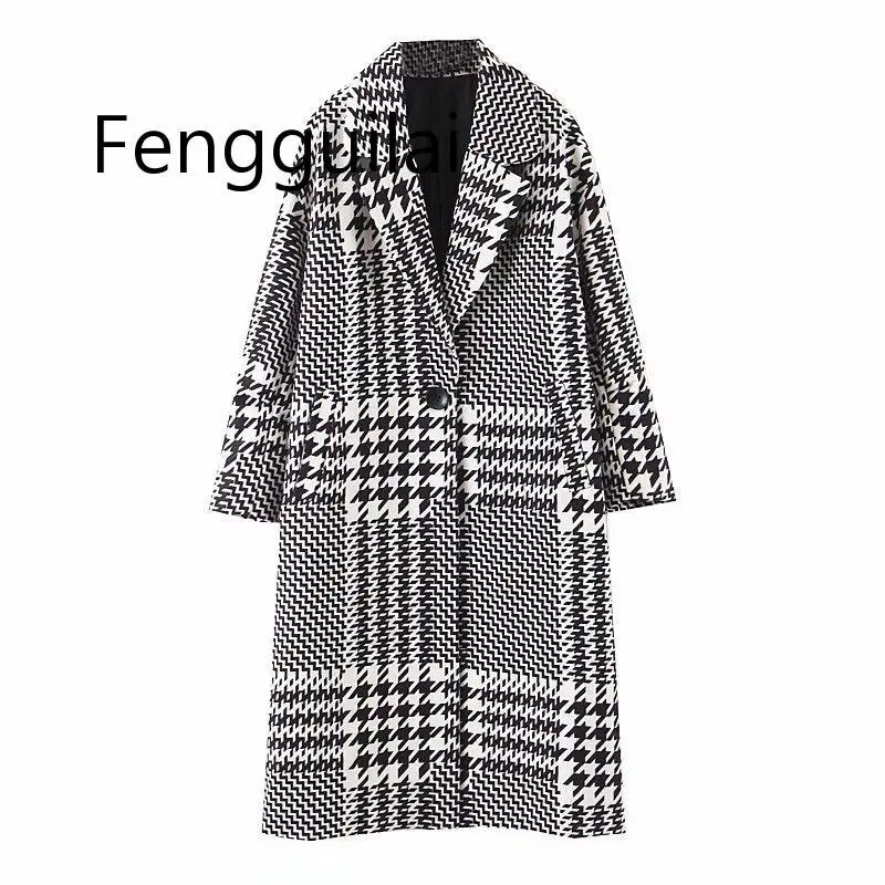 

Autumn Winter Women Plaid Oversized Tweed Jacket Checkered Pockets Long Sleeve Warm Coat Female Outwear Houndstooth Woolen Coat