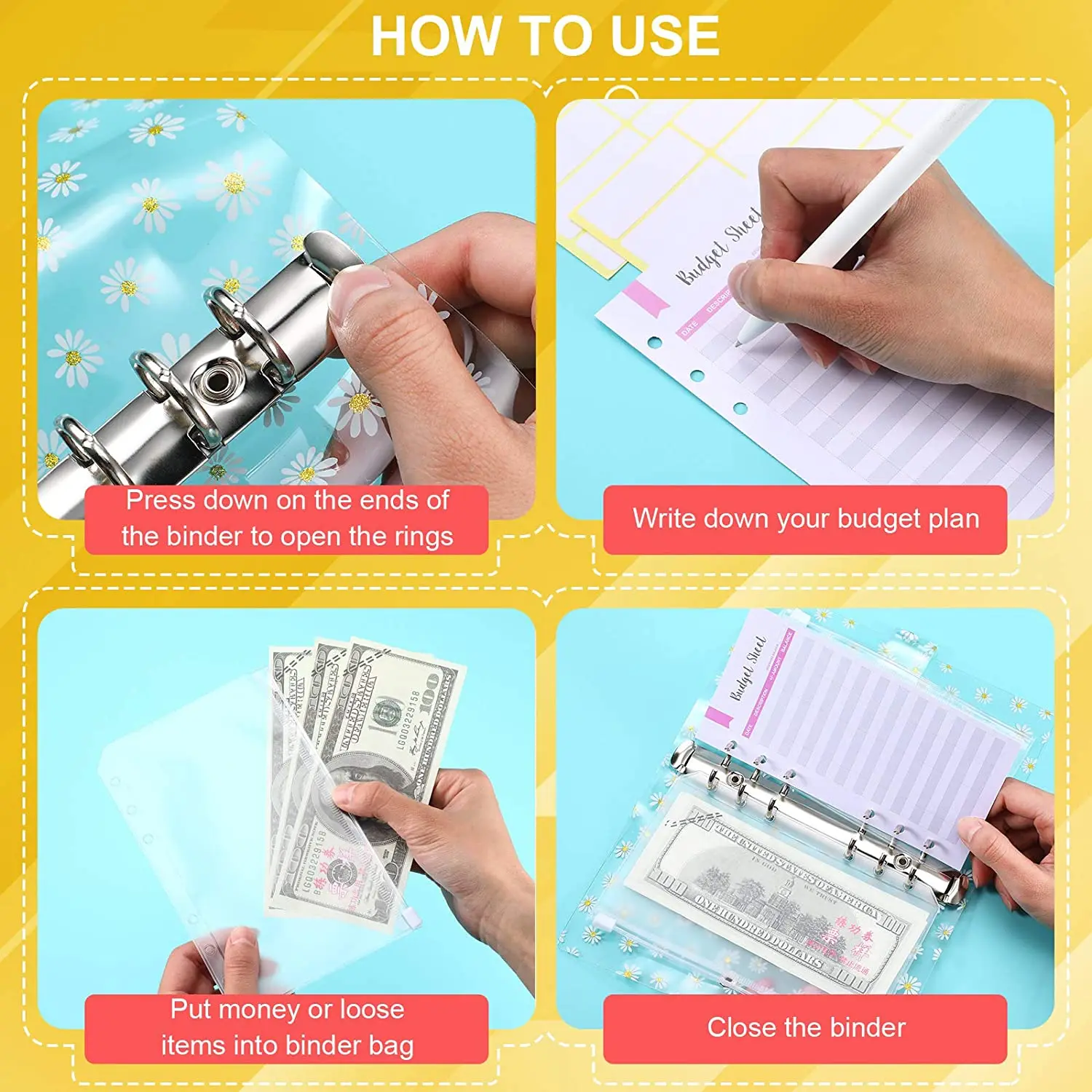 27 Pieces A6 Binder PVC Notebook Cover Budget Envelopes System  Planner with 12 Clear Zipper Pockets, Budget Sheets and Labels