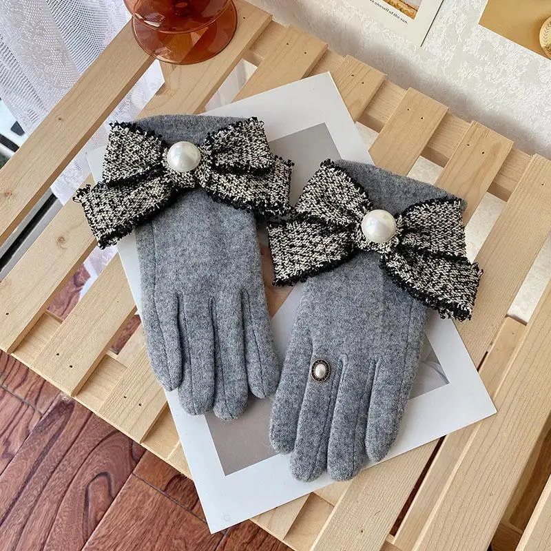 Fringed Fringe Pearl Big Bow Small Fragrant Wind Cashmere Wool Gloves Korean Thicken Touch Screen Warm Gloves Women A437