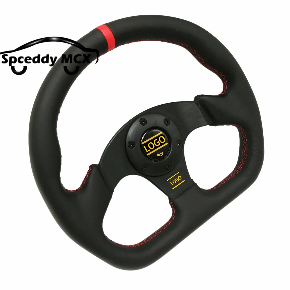 Spceddy 13inch 320mm Car Sports Steering Wheel Really Leather Steering Wheel Hand Sewing Red Line Flat Racing Steering Wheel