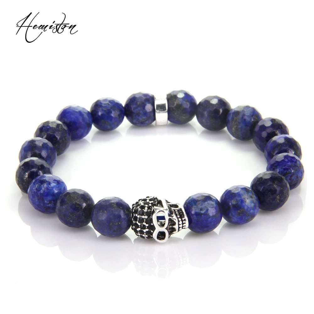 10MM TS Faceted Lapis Beads Elastic Bracelet with Skull Bead, European Rebel Heart Jewelry Gift for Men TS B251