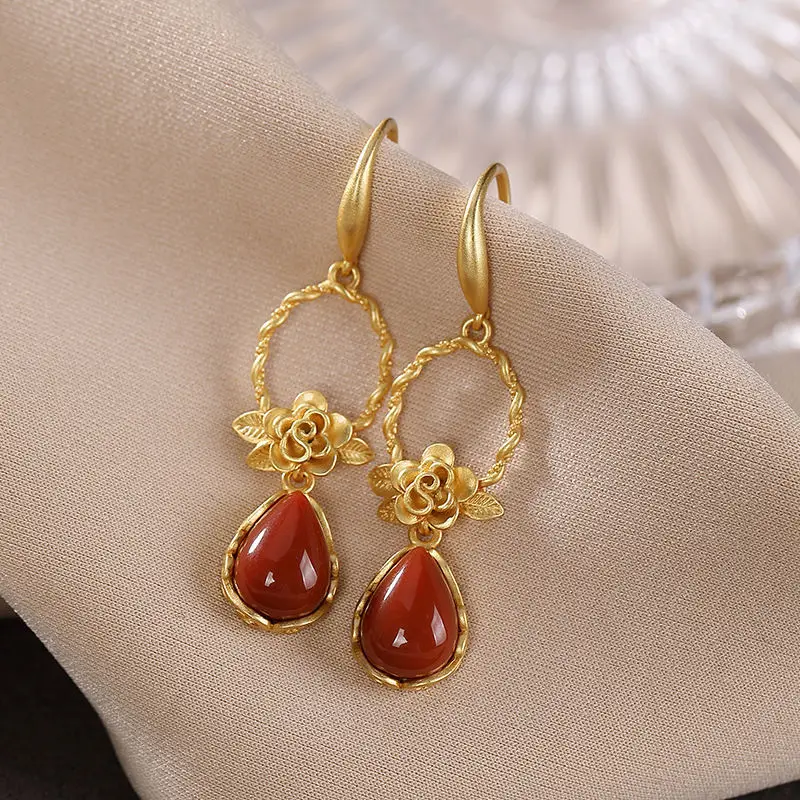 Designer original ancient gold craftsmanship inlaid southern red tourmaline peony flower earrings luxury ladies silver jewelry