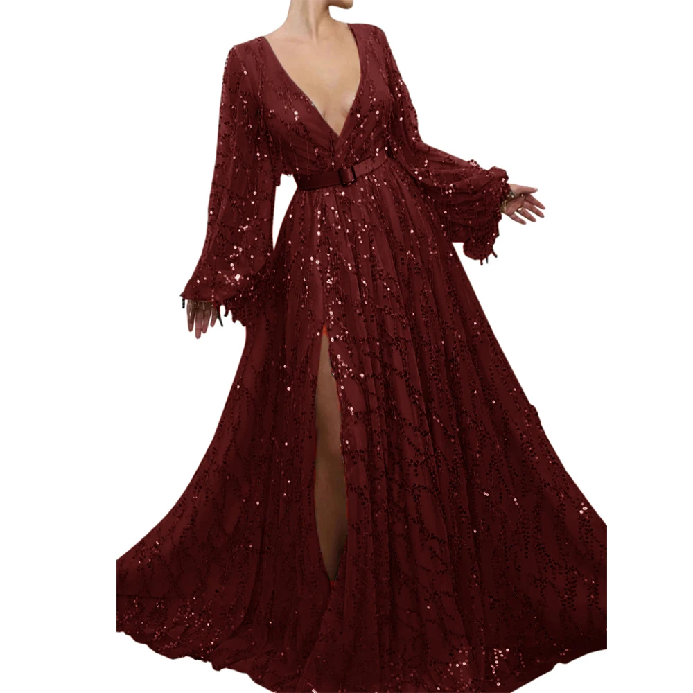 

Red Sequins V Neck Prom Dresses 2021 Full Sleeves Back Zipper High Slit Wedding Party Formal Evening Gowns Customize robes de