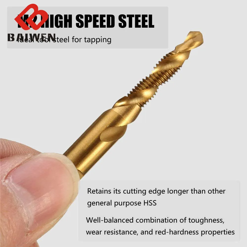 Juego de brocas de grifo de 1/4 ", vástago hexagonal, tornillo compuesto Chapado en titanio M3/M4/M5/M6/M8/M10, herramientas y accesorios para trabajar la madera, 6 piezas