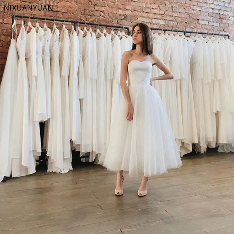 Tee Länge Hochzeit Kleid Günstige Weiß Elfenbein Kurze Vestido De Novia Nach Maß EINE Linie Braut Kleider für Sommer Hochzeit