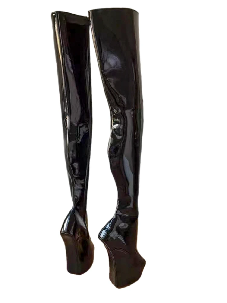 Black Patent Leather Sexy Over-the-knee Boots Hoof Heels High Tube Long Boots Pole Dance Thigh High Boot Women Shoes Botas Mujer