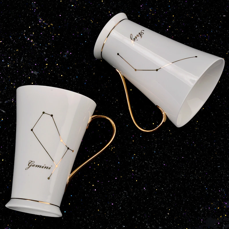 Zodiac Ceramic Mug with Crystal Spoon 12 Constellations Mug Drawing Gold Decal Bone China Porcelain Coffee Mugs Creative Fashion