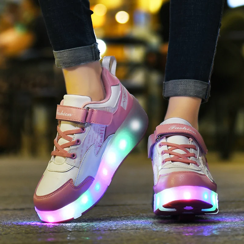 Roller Skate Shoes For Children Girl Kid Boys Led Sneakers 2 Wheels Fashion Casual Sports Pink Leather Light Luminous Boots