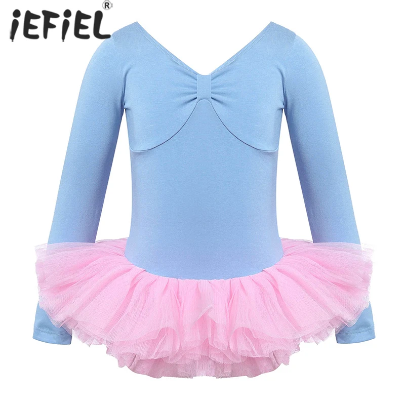 Kids Girls Ballet Dress Long Sleeve V-neck U-shaped Back Ballet Dance Gymnastics Leotard Tutu Ballerina Dress For Girl Dancewear