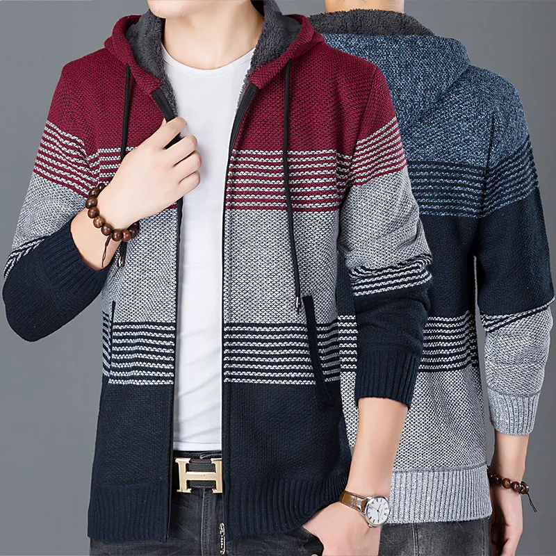 

Men's Hooded Cold Sweater Cardigan Knitwear Autumn Winter Fleece Thick Wool Warm Fashion Striped Jacket Casual Coat