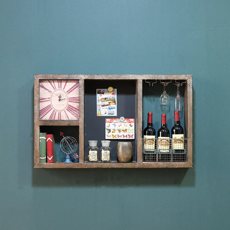 Metal Industrial Retro Wall Decorative Shelf with Clock Wine Rack