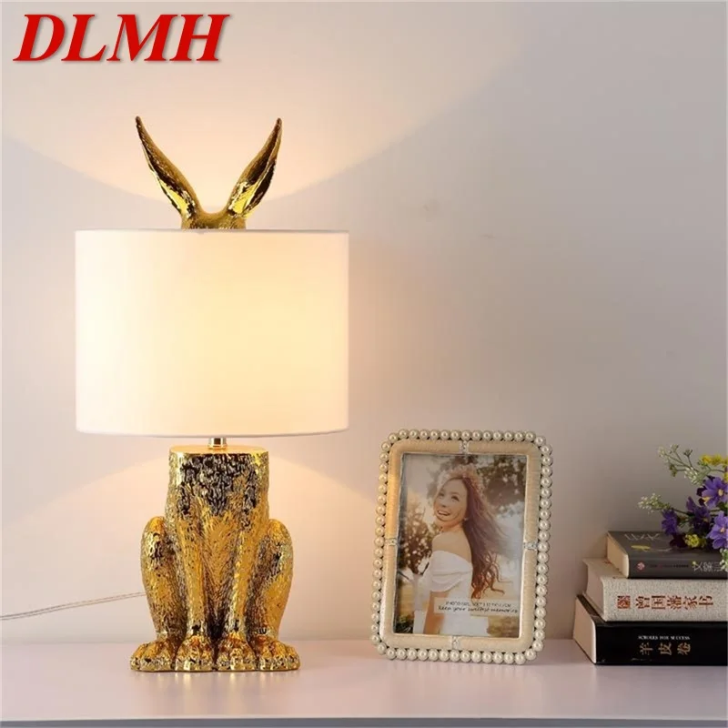 DLMH Resin Table Lamp Modern Creative Gold Rabbit Lampshade LED Desk Light for Home Living Room