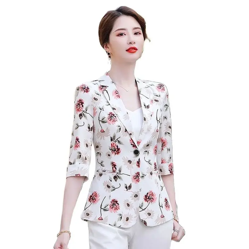 New 2021 Fashion Small Suit Coat Spring Summer Thin All-Match 3/4 Sleeve Ladies  Printing Small Suit Sun Protection Outerwear