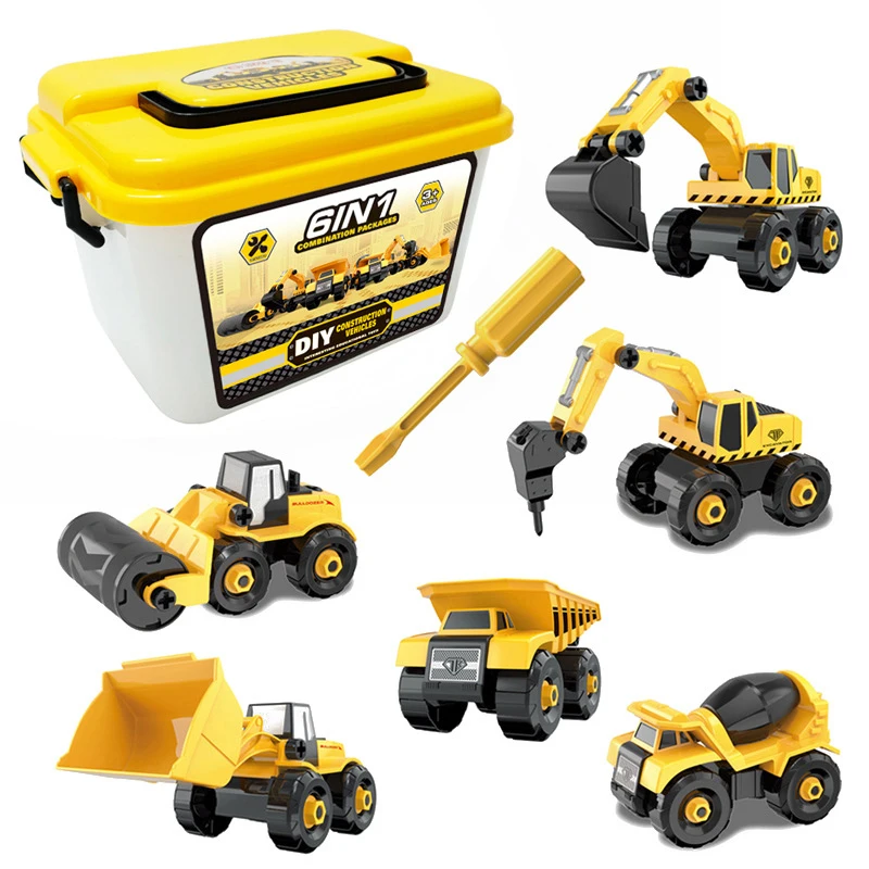 6 in 1 Box Simulated Engineering Car Model Toy Assembled Block Excavator Mixer Truck Boys Toy