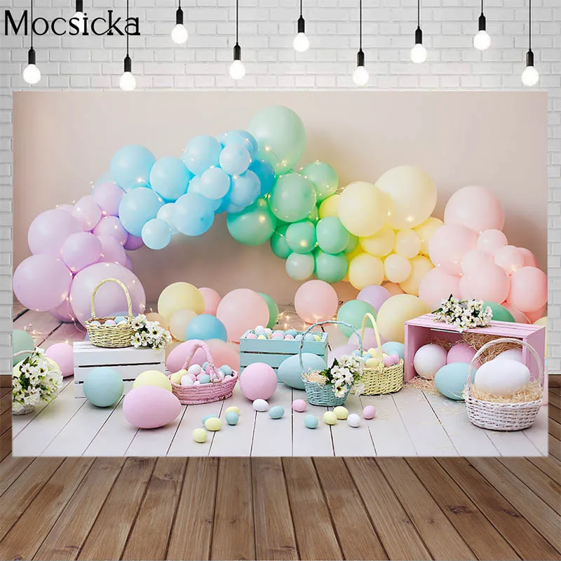 Easter Photography Backdrop Colorful Balloons Easter Egg Bunny Basket Decor Supplies Kids Birthday Party Background Photo Studio