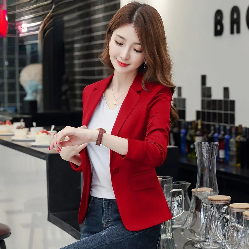 Red Blazer Women Long Sleeve Suit Jackets Femme Solid Black Single Button Coat Slim Fit Office Lady Coat Female Top 2021 Fall