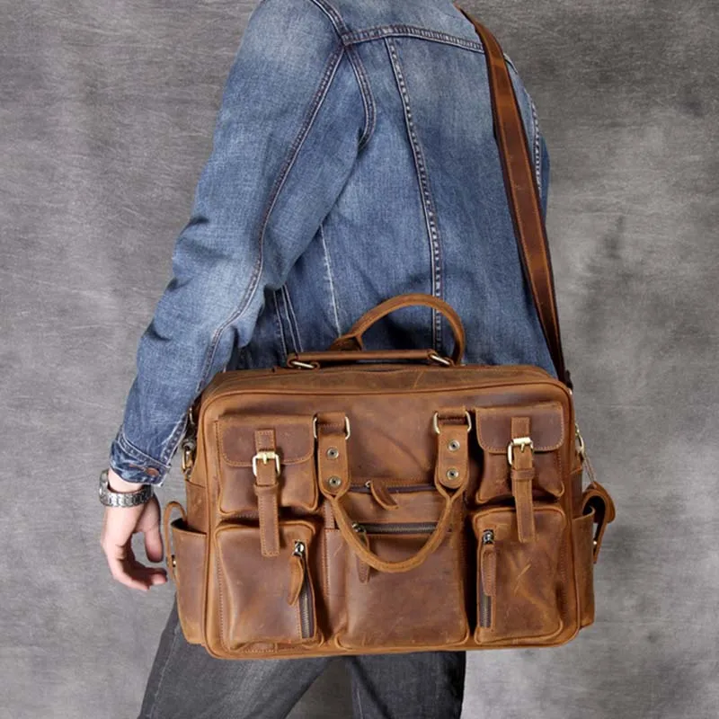 Męska Vintage Crazy Horse oryginalna skórzana teczka 15.6 "prawdziwa skórzana torba biznesowa skóra bydlęca torba na laptopa duża torba podróżna