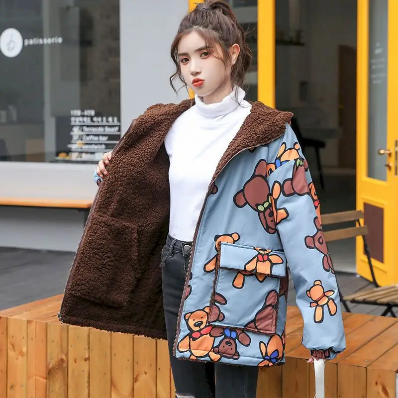 Double-sided Printed Bear Lamb Wool Cotton-padded Jacket Womens 2024 Autumn Winter Student Hooded Jackets Korean Fashion Casual