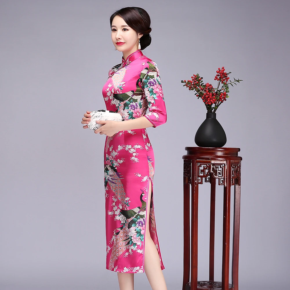 Elegant Slim Long Qipao Vintage Mandarin Collar Cheongsam Classic Hand Made Button Chinese Dress Novelty Print Peacock Dress 6XL