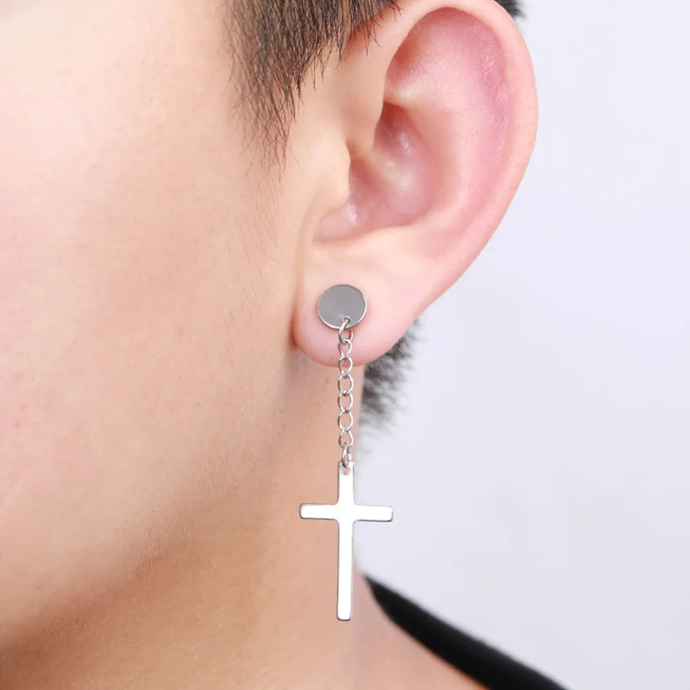 2Pcs Punk Surgical Stainless Steel Dumbbel Tassel Cross Earrings Chain Ear Studs Drop Earrings Women Men Cross Piercing Jewelry