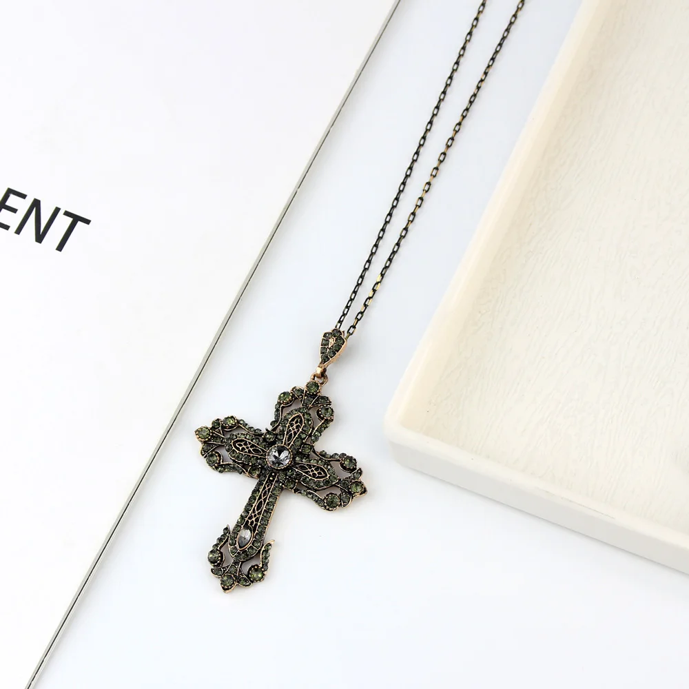 Sunspicems Vintage Gray Rhinestone Cross Pendant Necklace Earring Sets for Women Religious Church Jewelry Turkish Design 2020