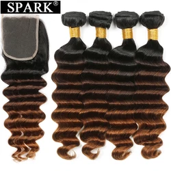 Spark-Brazilian Loose Deep Wave Bundles com Fechamento, Ombre Cabelo Humano, Fechamento De Renda, Extensão Do Cabelo Remy, Proporção Média