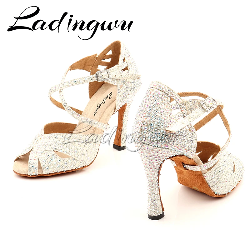 Hot White Glitter cloth Women\'s Latin dance shoes Ballroom dance shoes Party Square dance shoes Soft Bottom Cuban heel 10cm