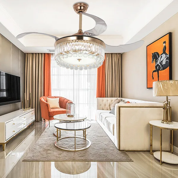 Crystal invisible ceiling fan light Simple fashion modern electric fan chandelier living room with led European fan light