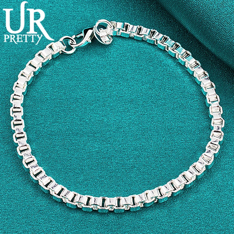 

URPRETTY 925 Sterling Silver 4mm Square Box Chain Bracelet For Women Men Party Engagement Wedding Jewelry