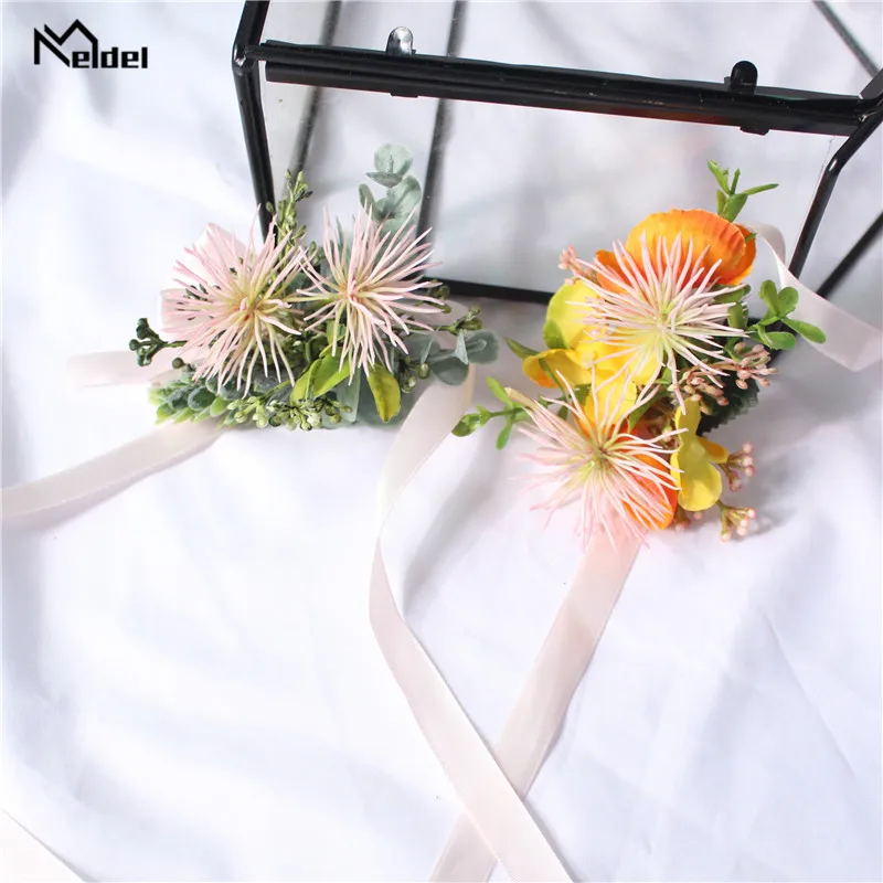 Meldel สีชมพู Corsage เจ้าบ่าว Boutonniere พลาสติก Corsage Boutonniere ผู้ชาย Pins Wedding Planner เข็มกลัด Corsage ดอกไม้