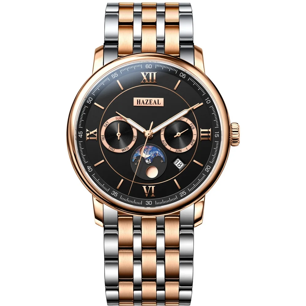 HAZEAL Men Automatic Watch 40MM Mechanical Wristwatch Waterproof Sapphire Mirror Multi-Dial Month Week Date Sun-Moon Dispaly