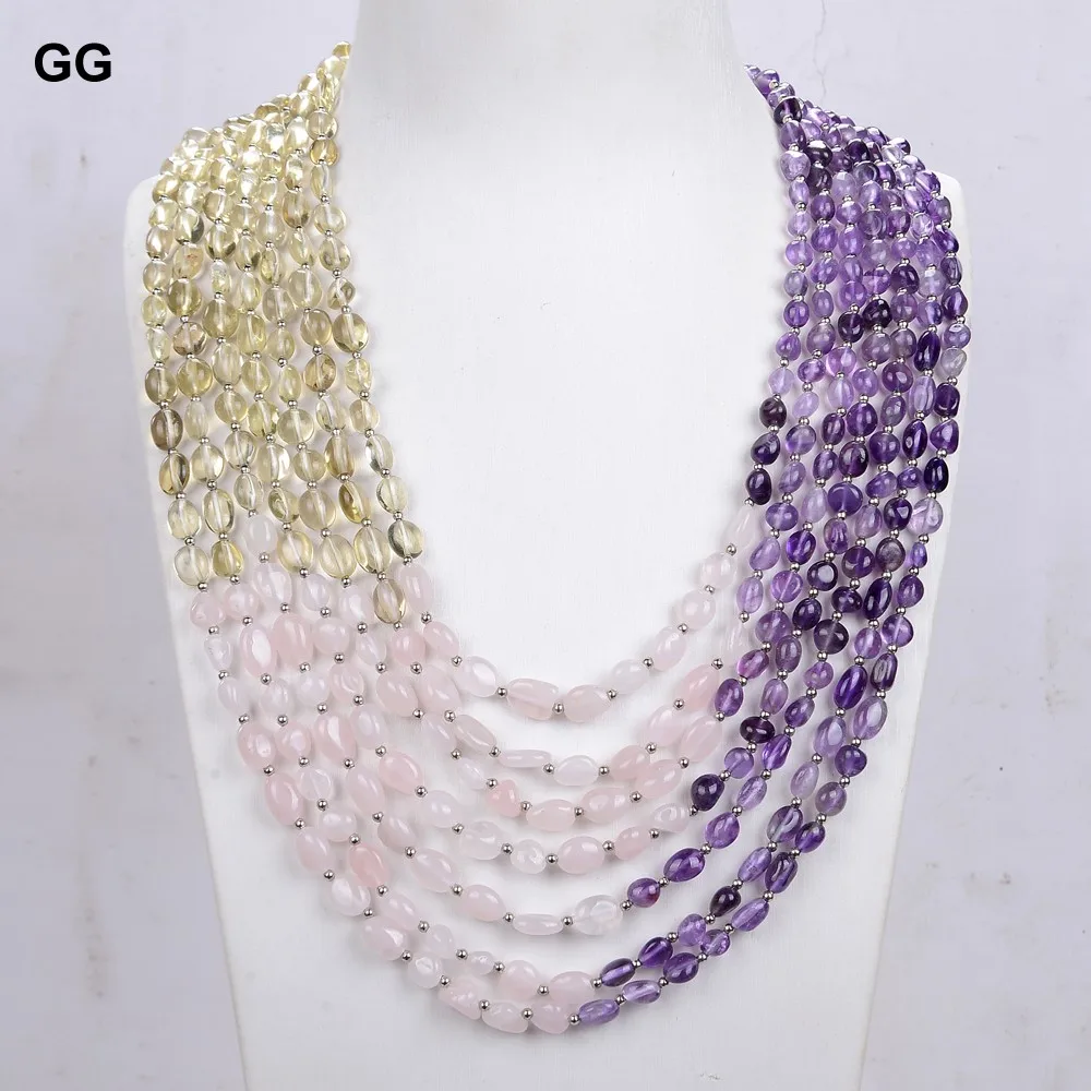 GuaiGuai Jewelry Unique Real Natural 7 Strands Amethyst Rose Quartz Lemon Quartz Freeform Necklace 18