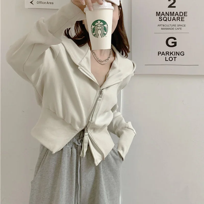 Hoodies Women Zipper Female Spring Ulzzang High Street Students Long Sleeve Hooded Zip-up Newest Retro Cropped Girls BF Clothing