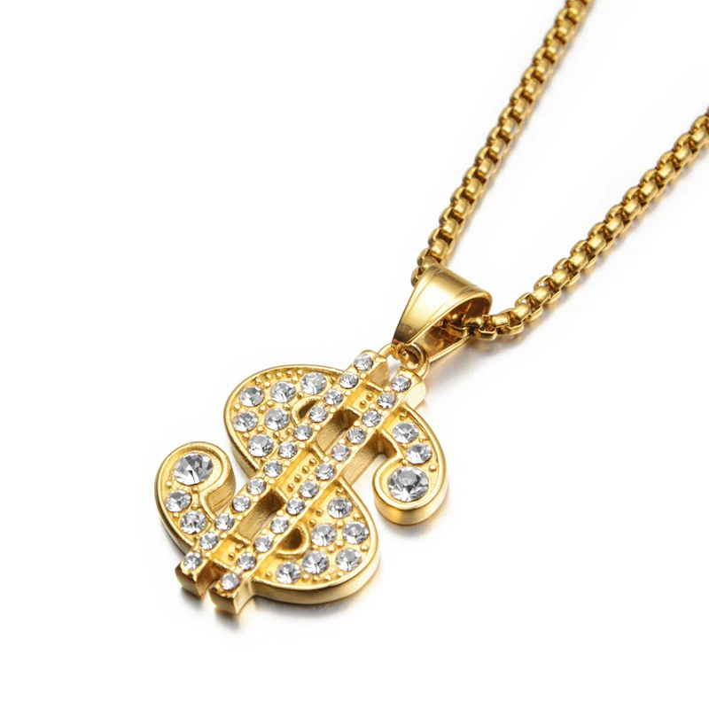 Hip Hop Iced Out Dollar Sign Money Pendant Necklace For Women Men Gold Color Stainless Steel Chains Hiphop American Jewelry