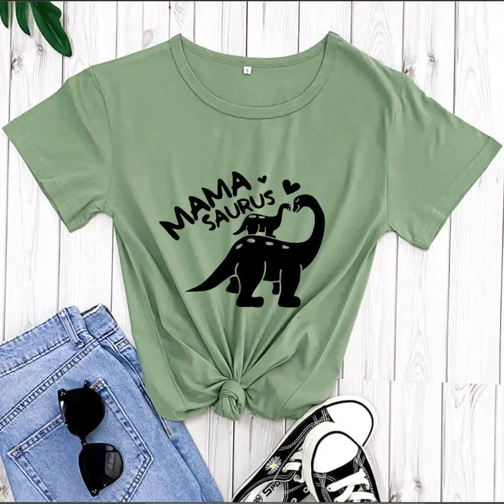 

MaMa Saurus Graphic Printed 100%Cotton Summer Women's T Shirt Mom Life Casual O-Neck Pullovers Short Sleeve Tops Gift For Mom