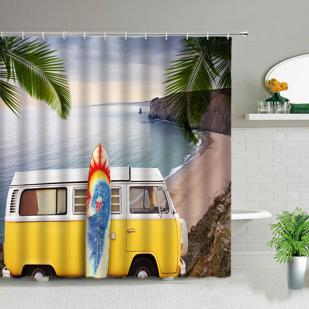 Car Travel Swim Ring Surfboard Camper White Shower Curtain Set Waterproof Polyester Bathroom Curtains Fabric For Bathtub Decor