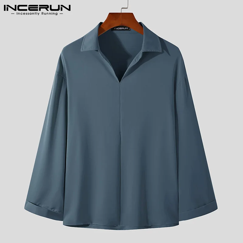 INCERUN Men Shirt Lapel Solid Color Long Sleeve Loose 2023 Korean Style Casual Men Clothing Streetwear Fashion Shirts S-3XL