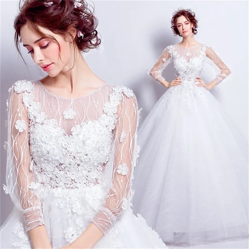 

A Line Wedding Dresses Lace Netting Satin Applique Beading Crystals Flowers Scoop Neck Floor Length Bridal Gown Corset Back