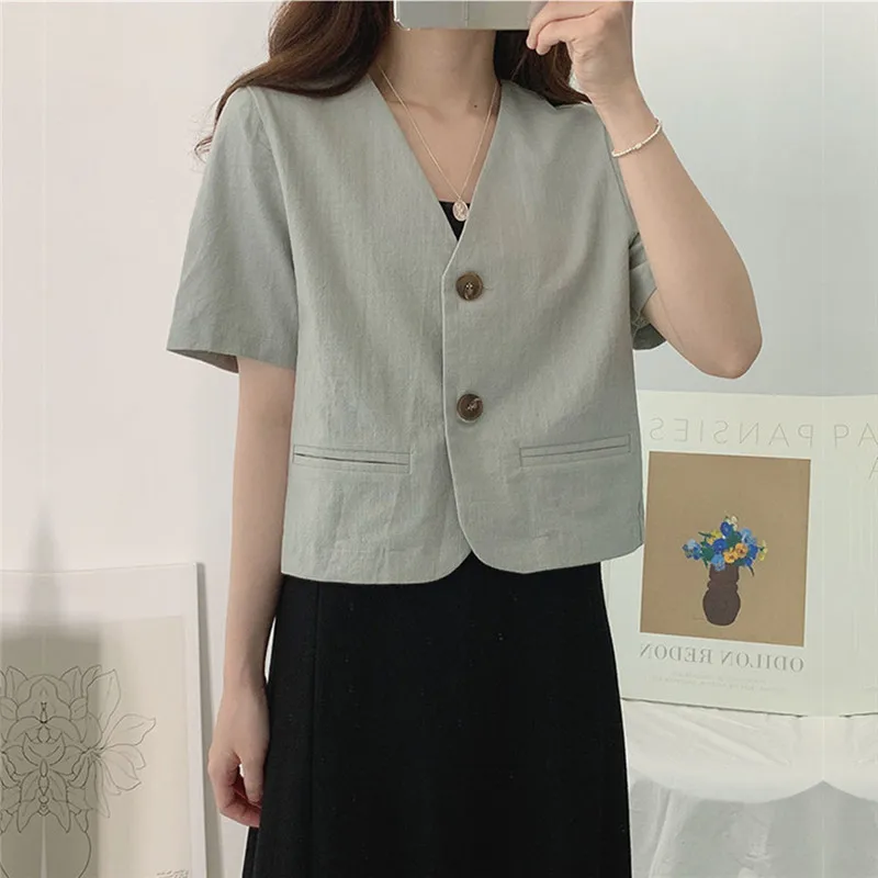 QOERLIN Cotton Linen Blazer Fresh Deep V-Neck Cotton Linen Casual Jacket Women 2021 Korean Two Buttons Short Sleeve Suit Jacket