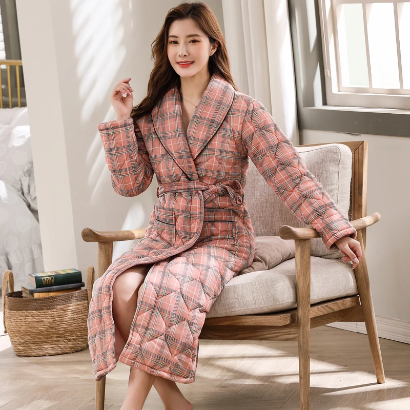 Women Plaid Print Bath Robe 3 Layers Quilted Sleepwear Autumn Winter Cotton Bathrobe Thicken Warm Female Robe Nightgown M-3XL