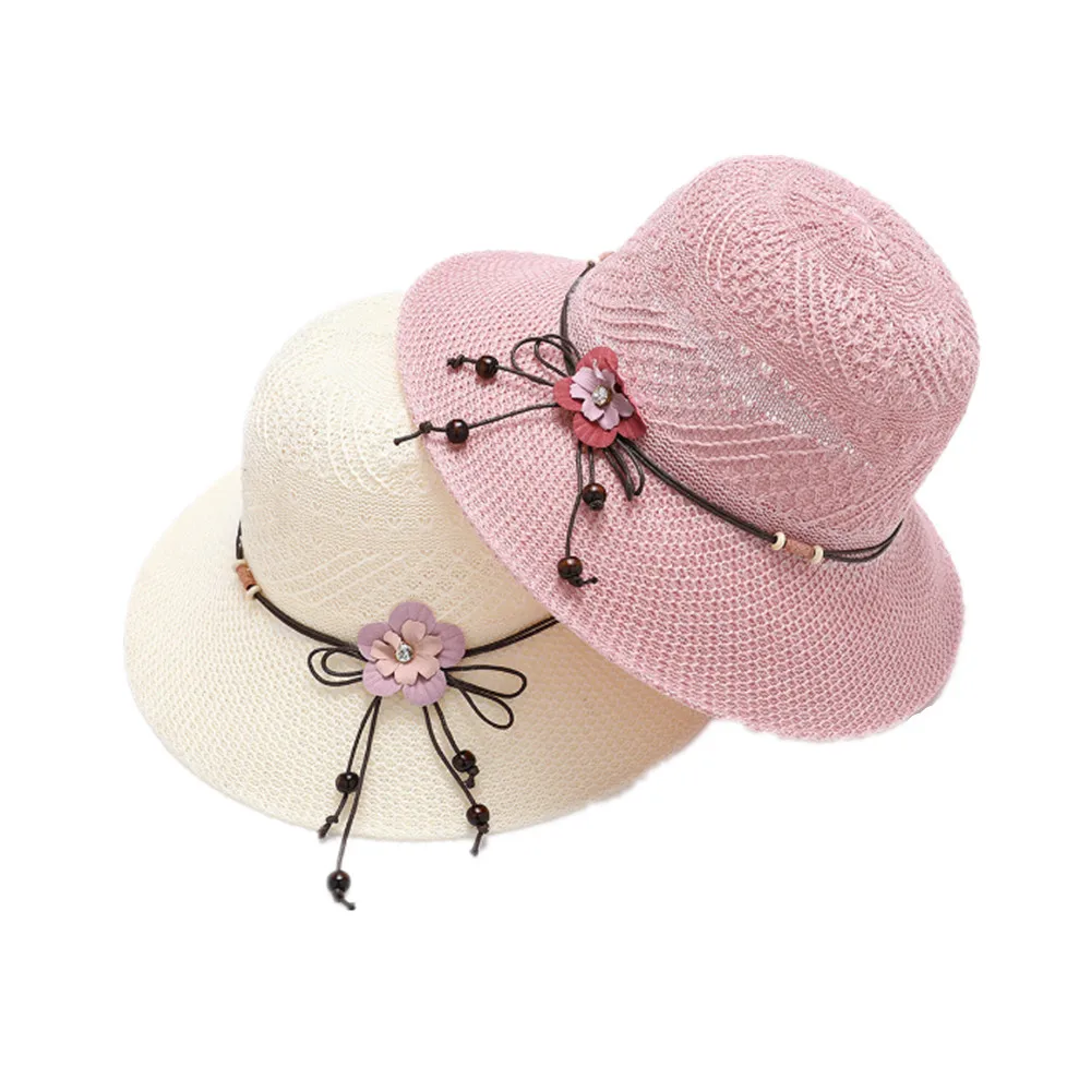 Women Bow Flowers Straw Hat Outdoor Sun Sunscreen Collapsible Beach Hat MZ007