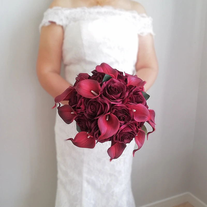 Whitney Real Touch Artificial Rose Christmas Red 12inch Bouquet Burgundy Demoiselle d’honneur Wedding Bouquet for Bridemaids