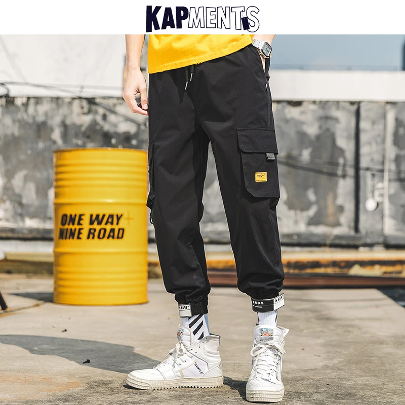 

KAPMENTS Men Patchwork Streetwear Skinny Cargo Pants 2023 Spring Mens Japanese Drawstring Sweatpants Joggers Male Black Trousers